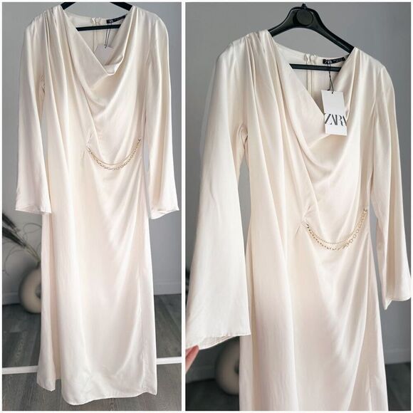 ZARA CHAIN TRIM SATIN EFFECT MIDI DRESS ECRU SMALL NWT - Picture 2 of 4